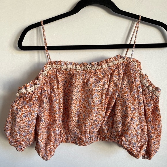 Zara Floral Lace Trim Printed Puff Sleeve Crop Cotton Blouse Top - Large - Picture 2 of 7
